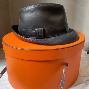 Hermes Black Leather Fedora Hat